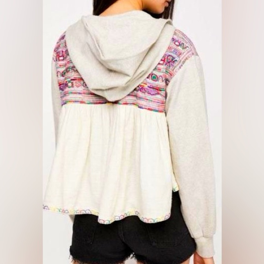 New Free People Hooded Rainbow Embroidered Lg Ivory Tie-Front Jersey Cardigan - Picture 3 of 6